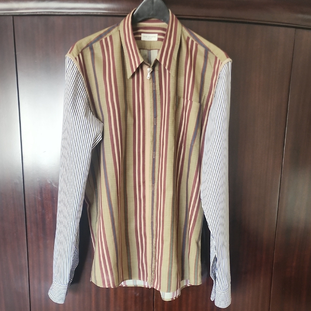 Dries Van Noten Olive and Burgundy Striped Shirt